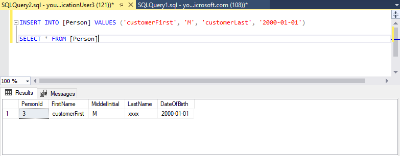 간단한 INSERT 및 SELECT 문을 보여 주는 SSMS(SQL Server Management Studio) 스크린샷. SELECT 문은 LastName 열에 마스킹된 데이터를 표시합니다.