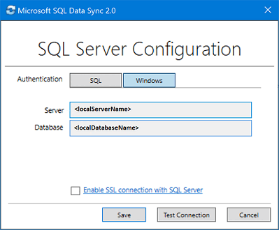 Microsoft SQL 데이터 동기화 2.0 클라이언트 에이전트 앱의 스크린샷. SQL Server 데이터베이스를 추가하고 구성합니다.