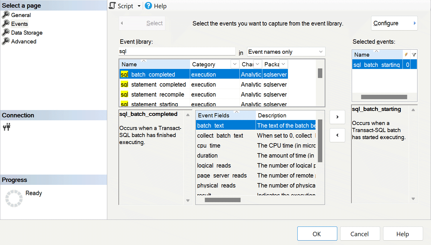 sql_batch_starting 이벤트가 선택된 이벤트 선택 페이지를 보여주는 새 세션 SSMS 대화 상자의 스크린샷.
