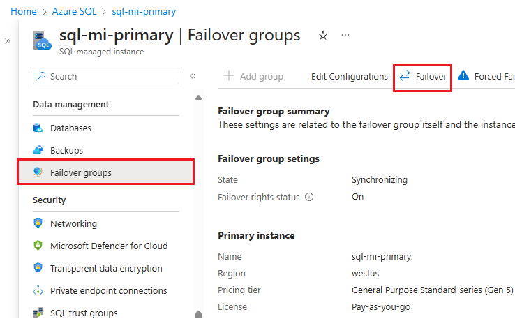 Azure Portal에서 장애 조치(failover) 그룹을 장애 조치(failover)하는 스크린샷