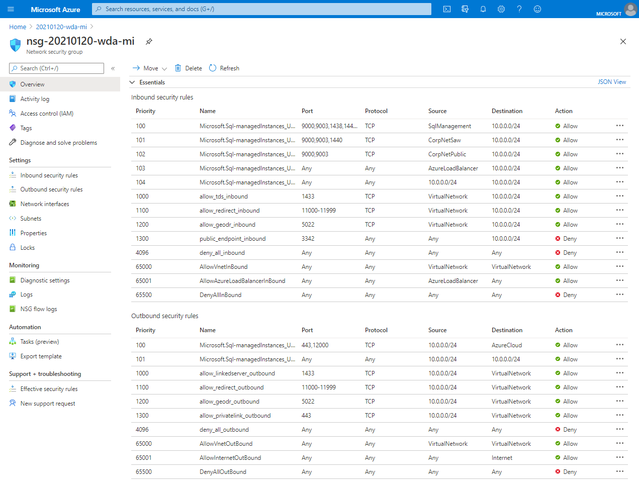 Azure Portal에서 인스턴스에 대한 보안 규칙의 스크린샷.