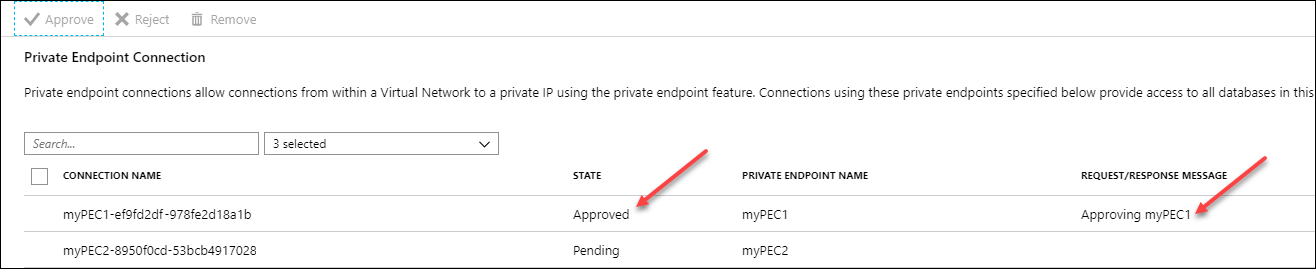 보류 중인 연결 하나와 승인된 연결 하나를 보여 주는 Azure Portal, 프라이빗 엔드포인트 연결 페이지의 스크린샷