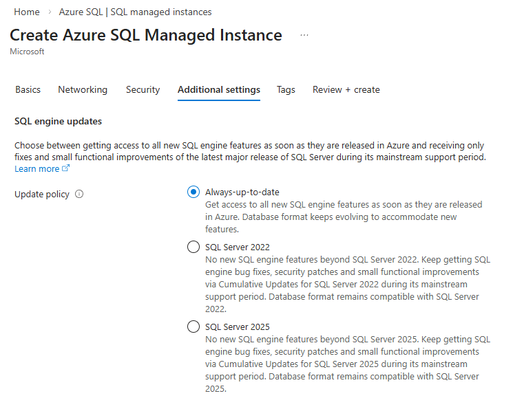  업데이트 정책이 선택된 Azure 포털의 Azure SQL Managed Instance 만들기 페이지의 스크린샷.