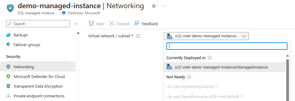 Azure SQL Managed Instance 서브넷 옵션의 스크린샷.