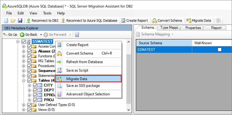 Screenshot that shows selecting the schema and choosing to migrate data.