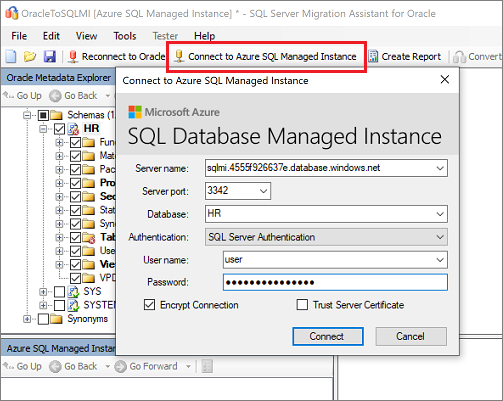 Azure SQL Managed Instance에 연결을 보여 주는 스크린샷