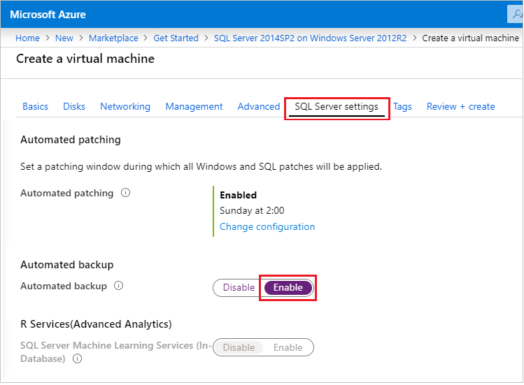 Azure Portal에서 SQL 자동 백업 구성 스크린샷입니다.