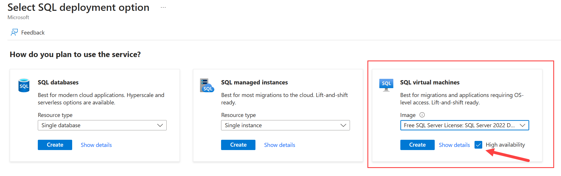 고가용성이 선택된 SQL Server 배포 옵션을 선택하기 위한 페이지를 보여 주는 Azure Portal 스크린샷