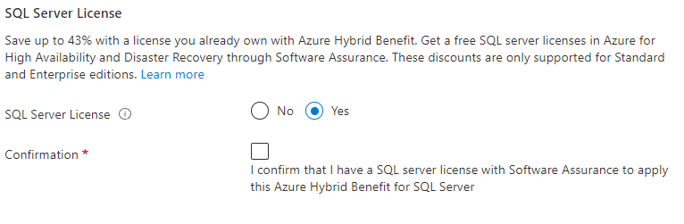 SQL Server 라이선스 및 Azure 하이브리드 혜택에 대한 정보를 보여 주는 Azure Portal 스크린샷