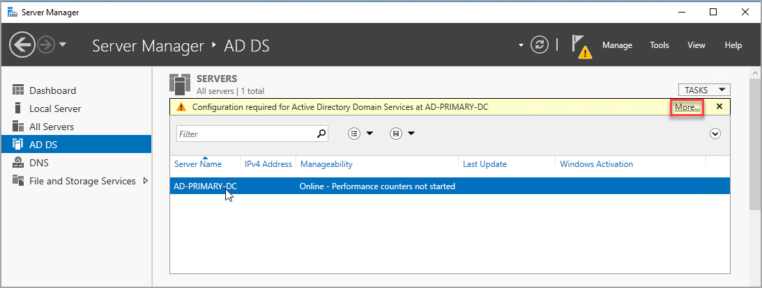 Screenshot of a message about configuring a DNS server on the Server Manager dashboard.