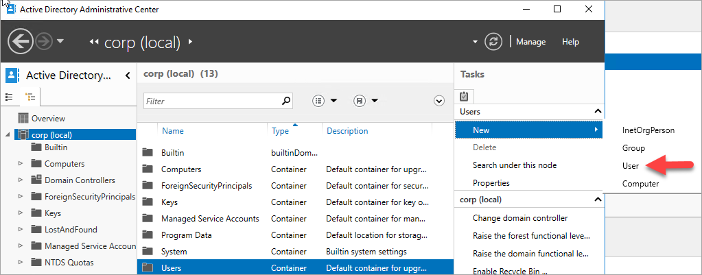Active Directory 관리 센터에서 사용자를 추가하기 위한 선택 항목을 보여 주는 스크린샷