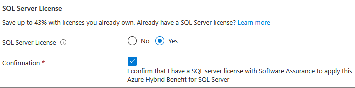 SQL VM 라이선싱에 있는 Azure Portal의 스크린샷.