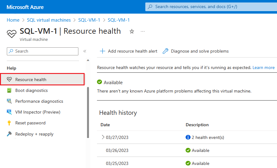 Azure Portal의 Resource Health 페이지의 스크린샷.
