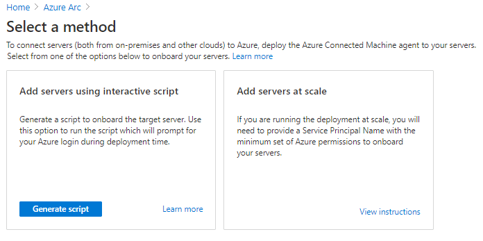 대화형 스크립트를 사용하여 서버를 추가하기 위한 옵션을 보여 주는 Azure Arc 페이지의 스크린샷.