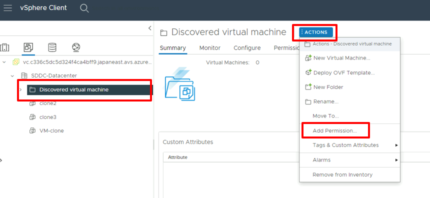 권한 추가 옵션이 포함된 vCenter Server의 Actions 메뉴를 보여 주는 스크린샷.