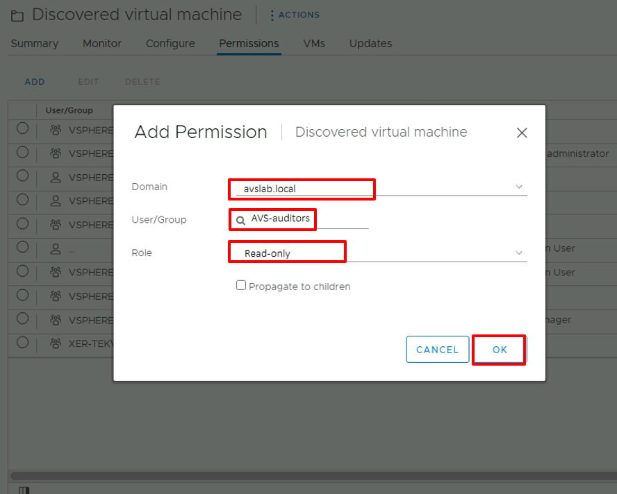 vCenter Server의 권한 추가 대화 상자를 보여 주는 스크린샷.