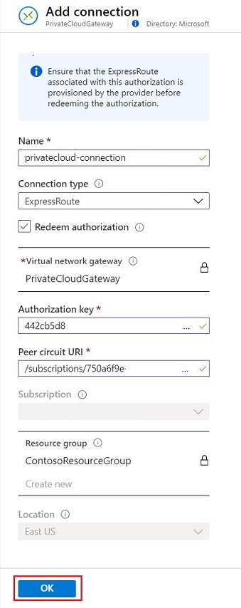 가상 네트워크 게이트웨이에 ExpressRoute를 연결하기 위한 연결 추가 페이지를 보여 주는 스크린샷.