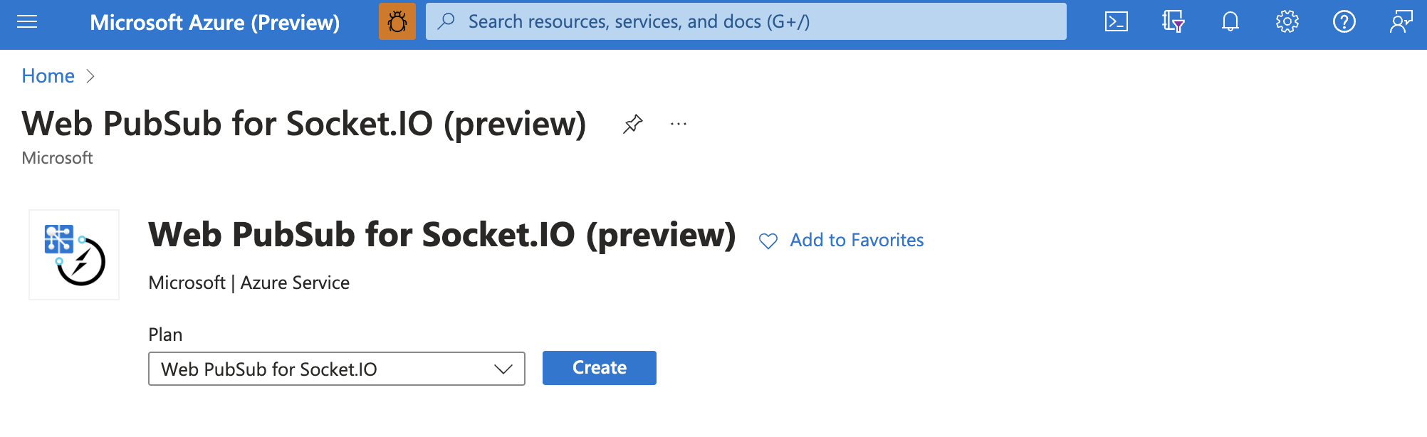 Azure Portal의 Socket.IO 서비스에 대한 Web PubSub의 스크린샷