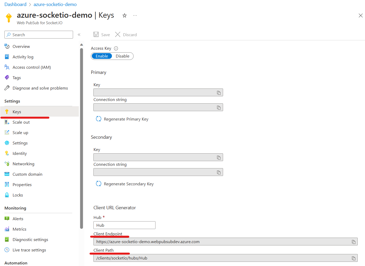 Azure Portal 클라이언트 엔드포인트 블레이드의 Socket.IO 서비스에 대한 Web PubSub의 스크린샷.
