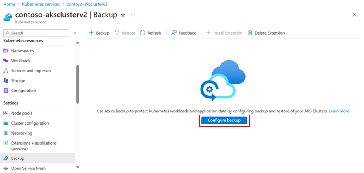 Screenshot that shows the selection of Configure Backup.
