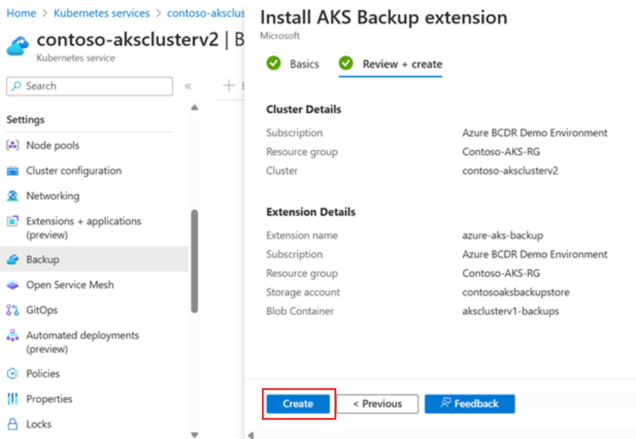 Screenshot that shows how to review and install the Backup extension.