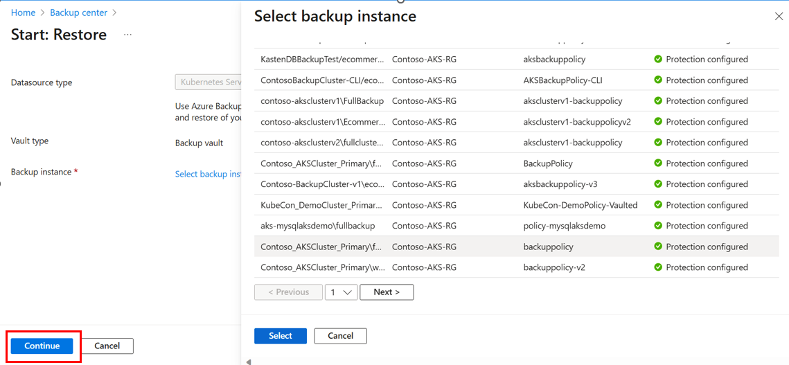 Screenshot shows choosing instances for restore.
