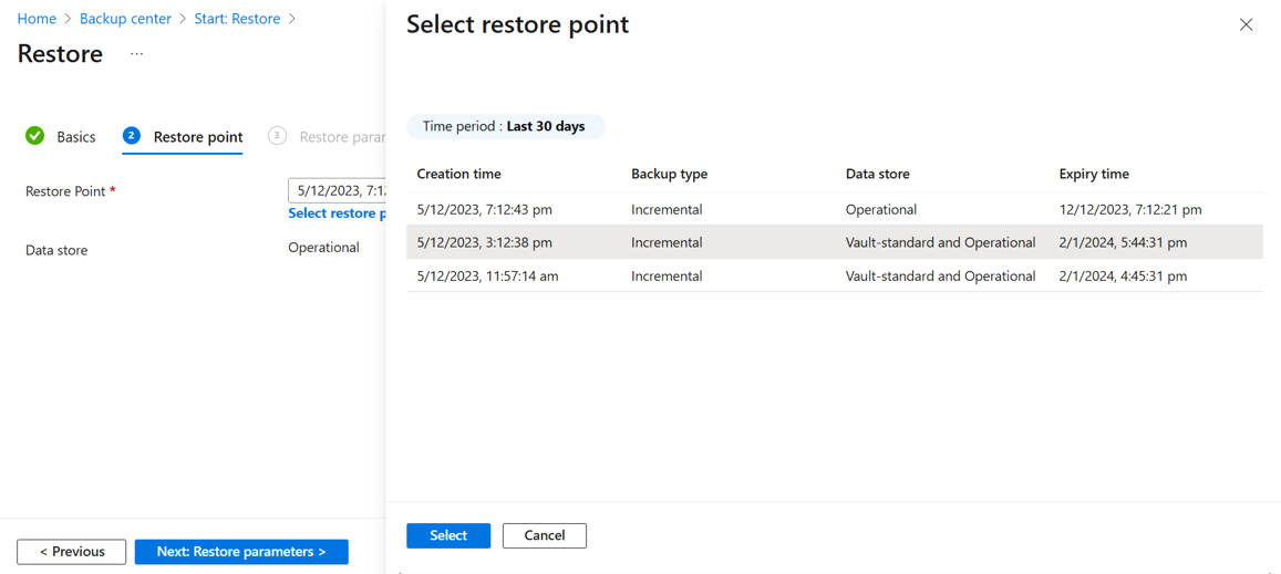 Screenshot shows selection of a restore point.