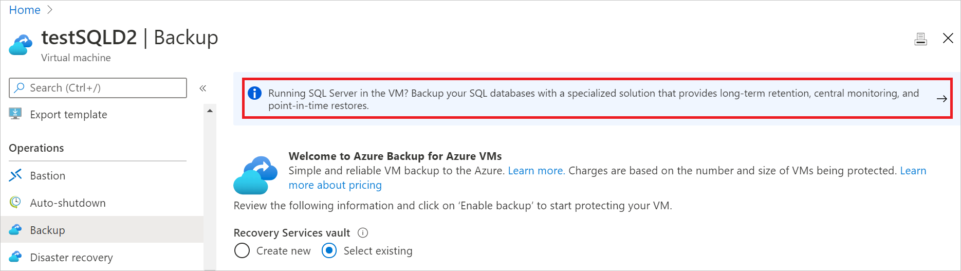 스크린샷은 SQL Server 백업 보기를 보여줍니다.