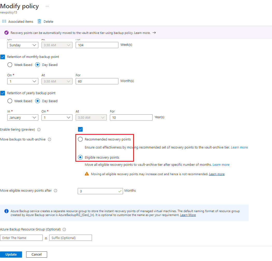 Screenshot showing to select the Eligible recovery points option.