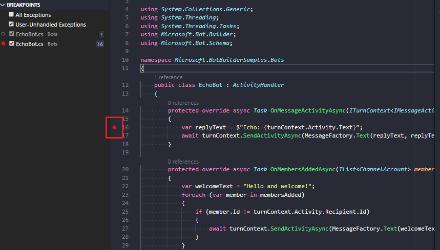 Visual Studio Code에서 설정된 C# 중단점의 스크린샷.