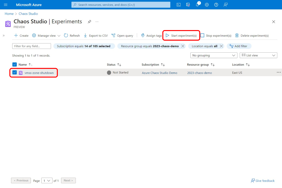 실험 보기를 보여 주는 스크린샷. 시작 단추가 강조 표시되어 있습니다.