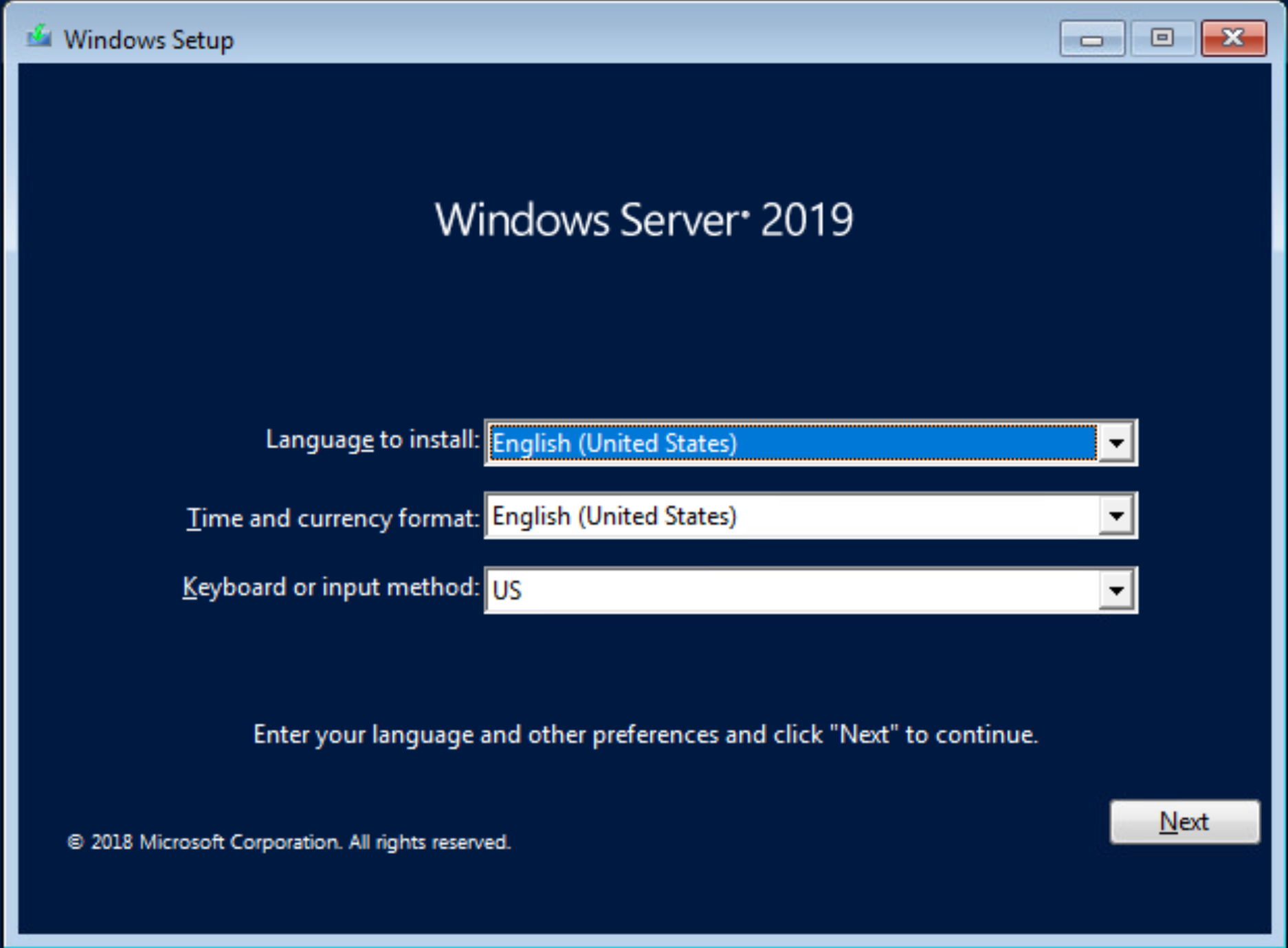 언어 및 기타 기본 설정 옵션이 있는 Windows 설치 프로그램 창의 스크린샷