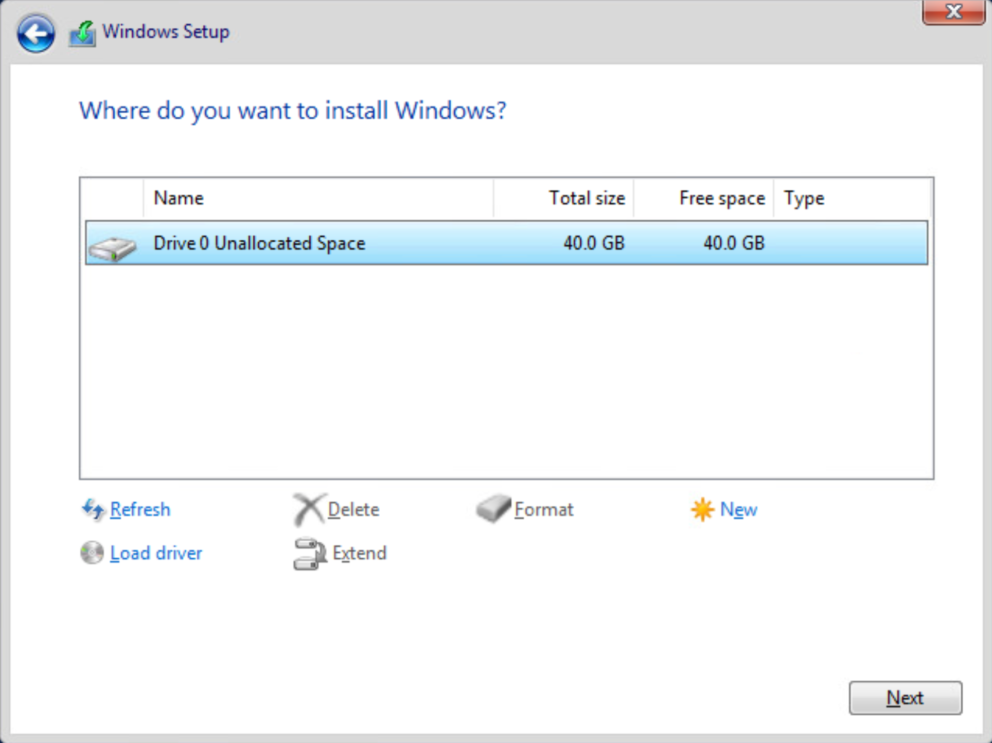 Windows Server를 설치할 위치를 선택하는 Windows 설치 프로그램 창의 스크린샷