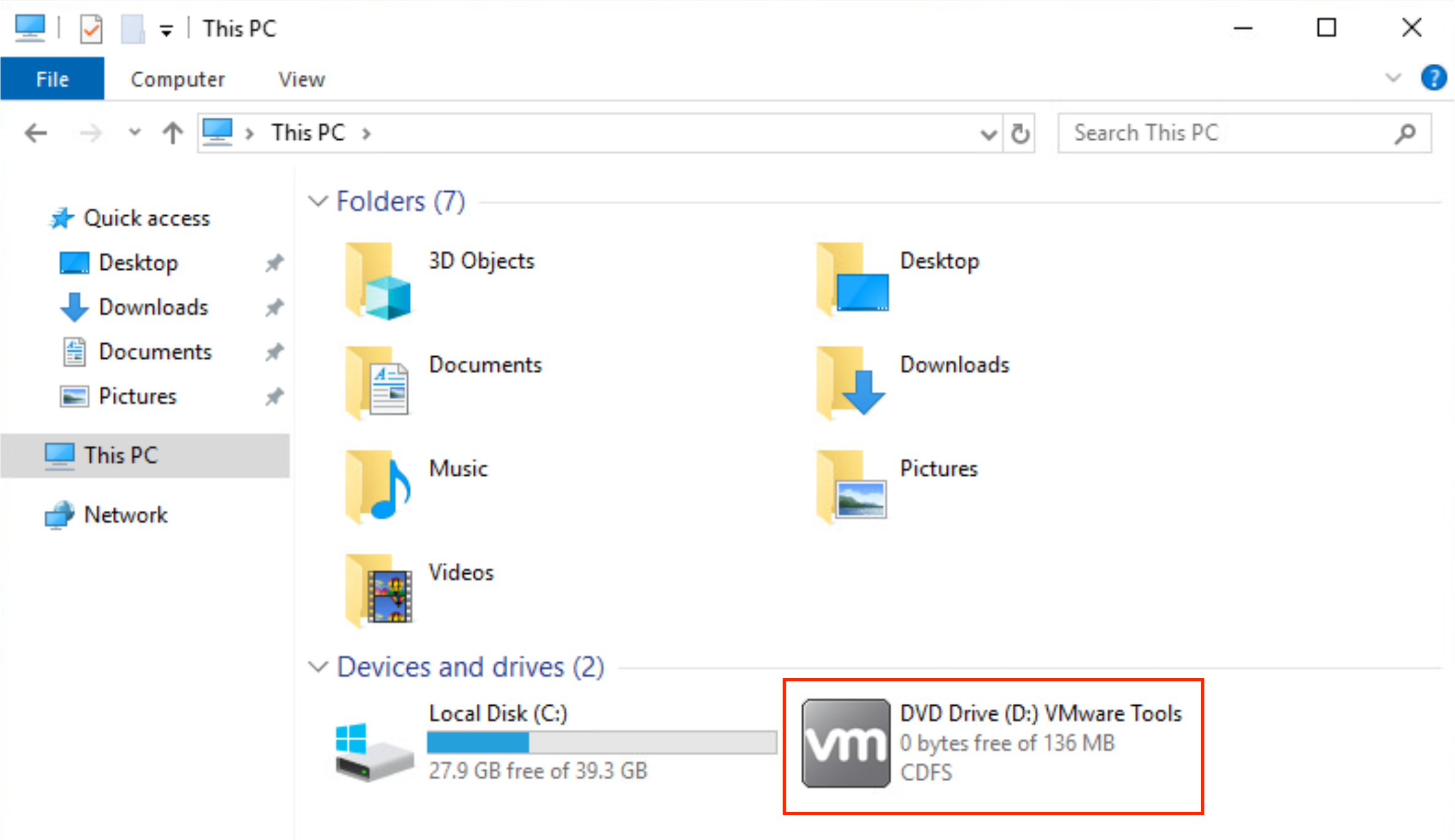 Windows 탐색기 창에 있는 VMware 도구 DVD 드라이브의 스크린샷