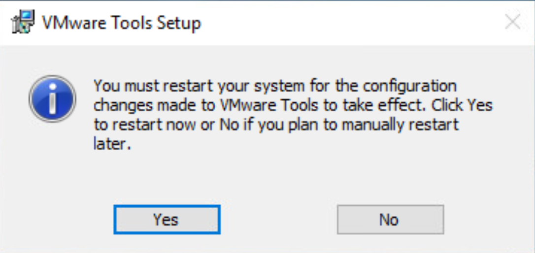 시스템을 다시 시작해야 한다고 나와 있는 VMware 도구 설치 프로그램 대화 상자의 스크린샷