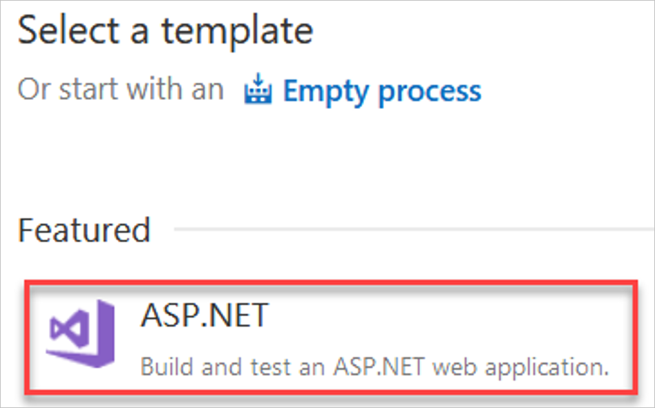 ASP.NET 템플릿이 선택된 템플릿 선택 대화 상자를 보여 주는 스크린샷