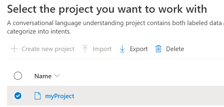 A screenshot showing the Conversational Language Understanding export button.