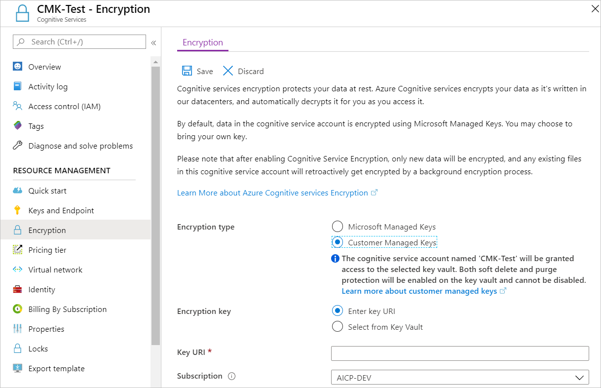 Screenshot of the Encryption settings page for an Azure AI services resource. Under Encryption type, the Customer Managed Keys option is selected.
