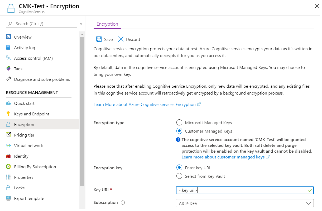 Screenshot of the Encryption page for an Azure AI services resource. The Enter key URI option is selected, and the Key URI box contains a value.