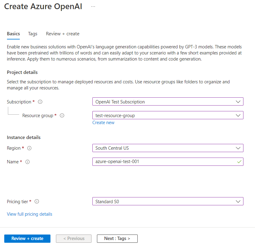Azure Portal의 OpenAI 리소스에 대한 리소스 만들기 블레이드의 스크린샷