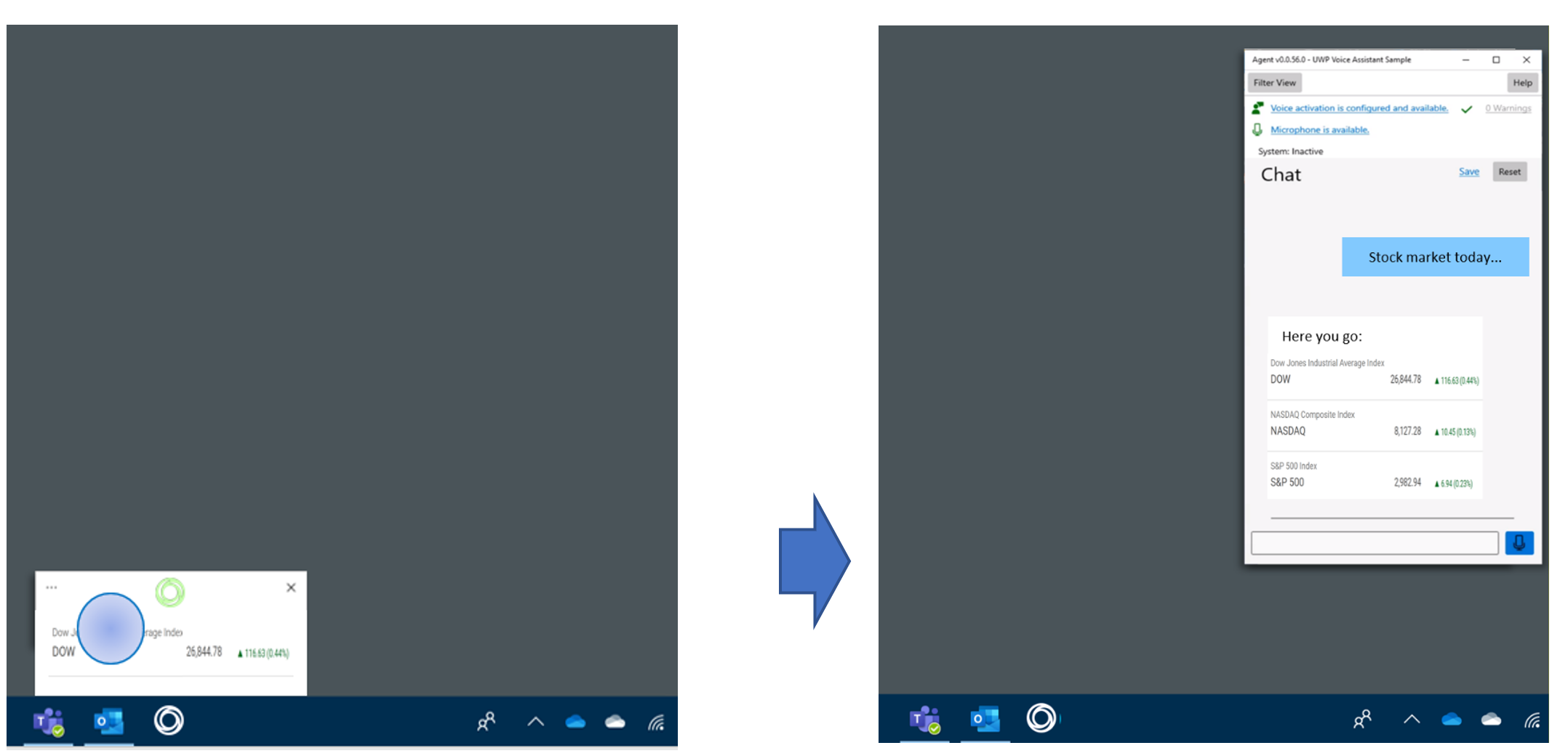 간단히 보기를 확장하기 전/후의 Windows 음성 도우미 스크린샷
