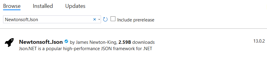 Screenshot of select prerelease NuGet package in Visual Studio.
