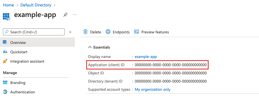 Microsoft Entra 애플리케이션 ID를 복사하고 저장하는 방법을 보여 주는 스크린샷.