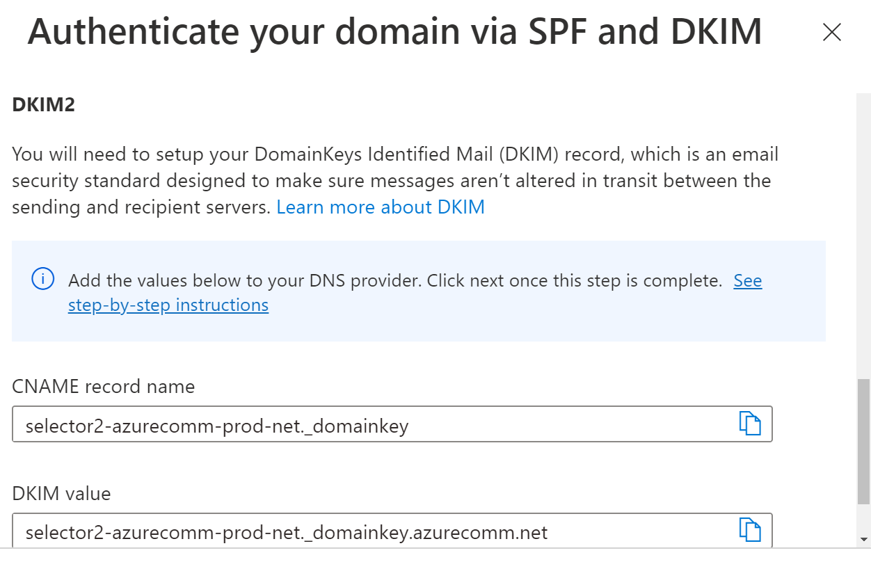 추가 DKIM에 추가해야 하는 DNS 레코드를 보여주는 스크린샷.