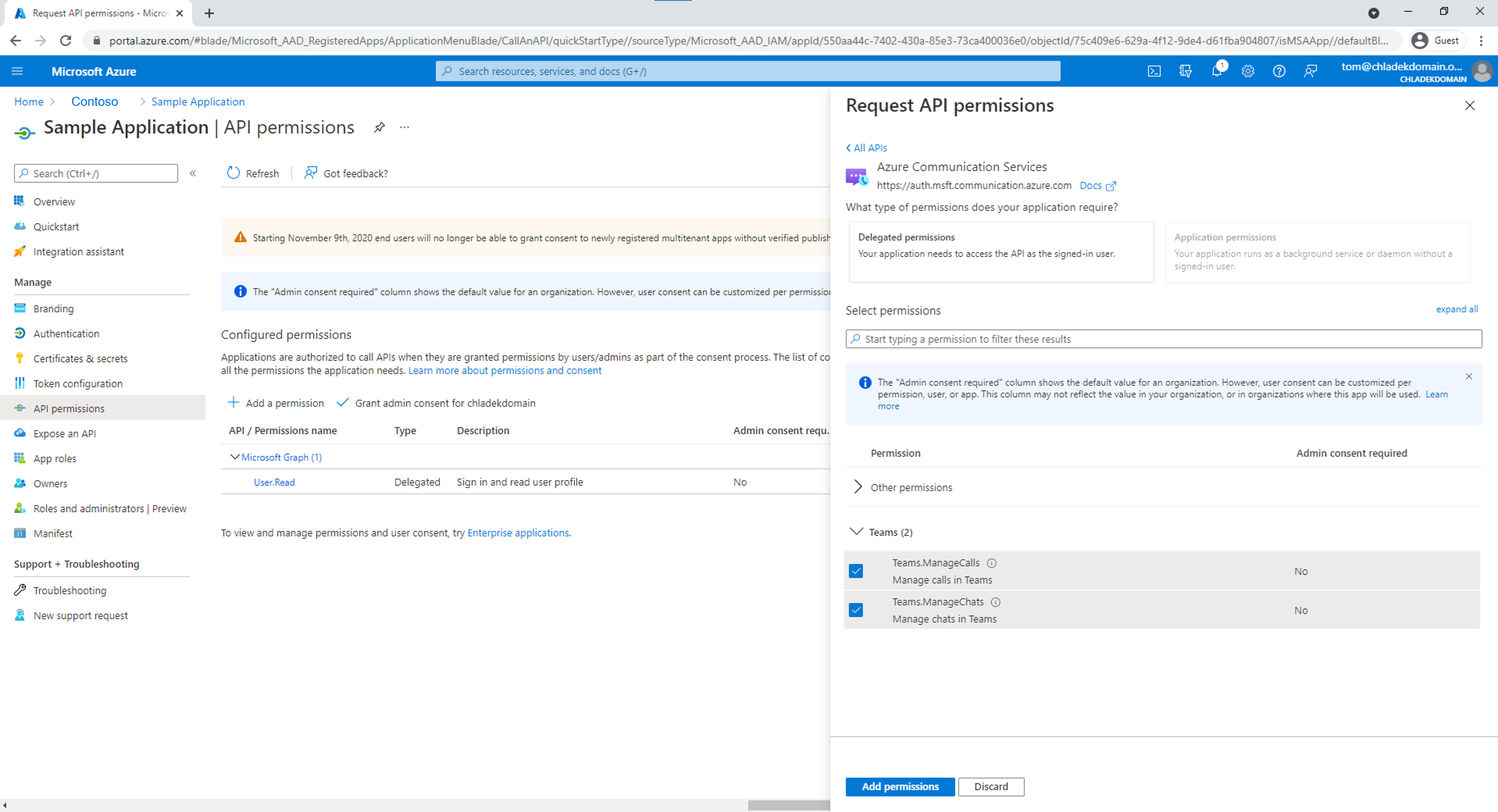 이전 단계에서 만든 Microsoft Entra 애플리케이션에 Teams.ManageCalls 및 Teams.ManageChats 권한을 추가합니다.