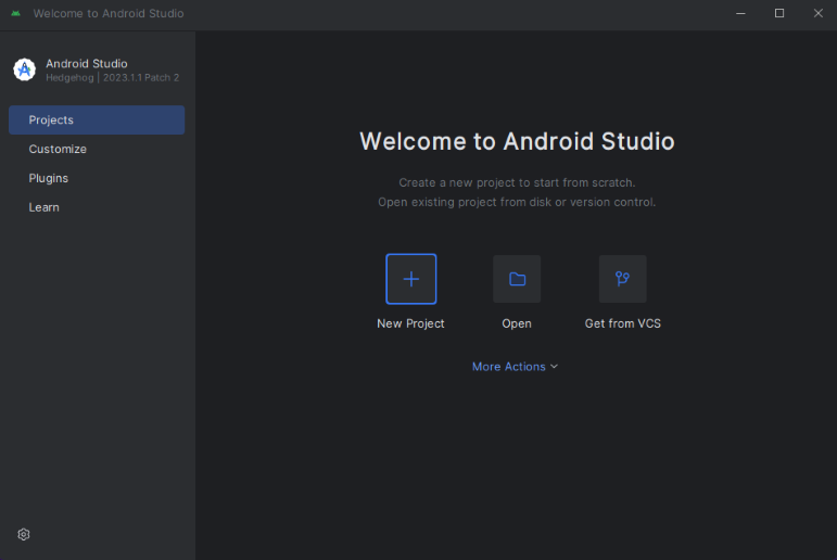 Android Studio에서 선택한 '새 Android Studio 프로젝트 시작' 단추를 보여 주는 스크린샷.
