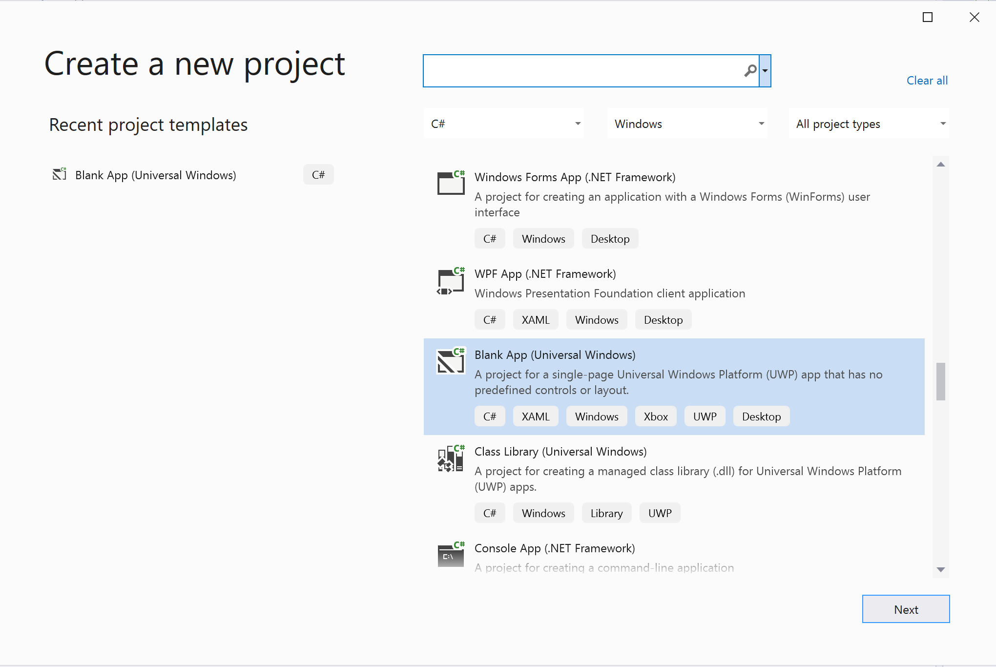 Visual Studio 내의 새 UWP 프로젝트 창을 보여주는 스크린샷.
