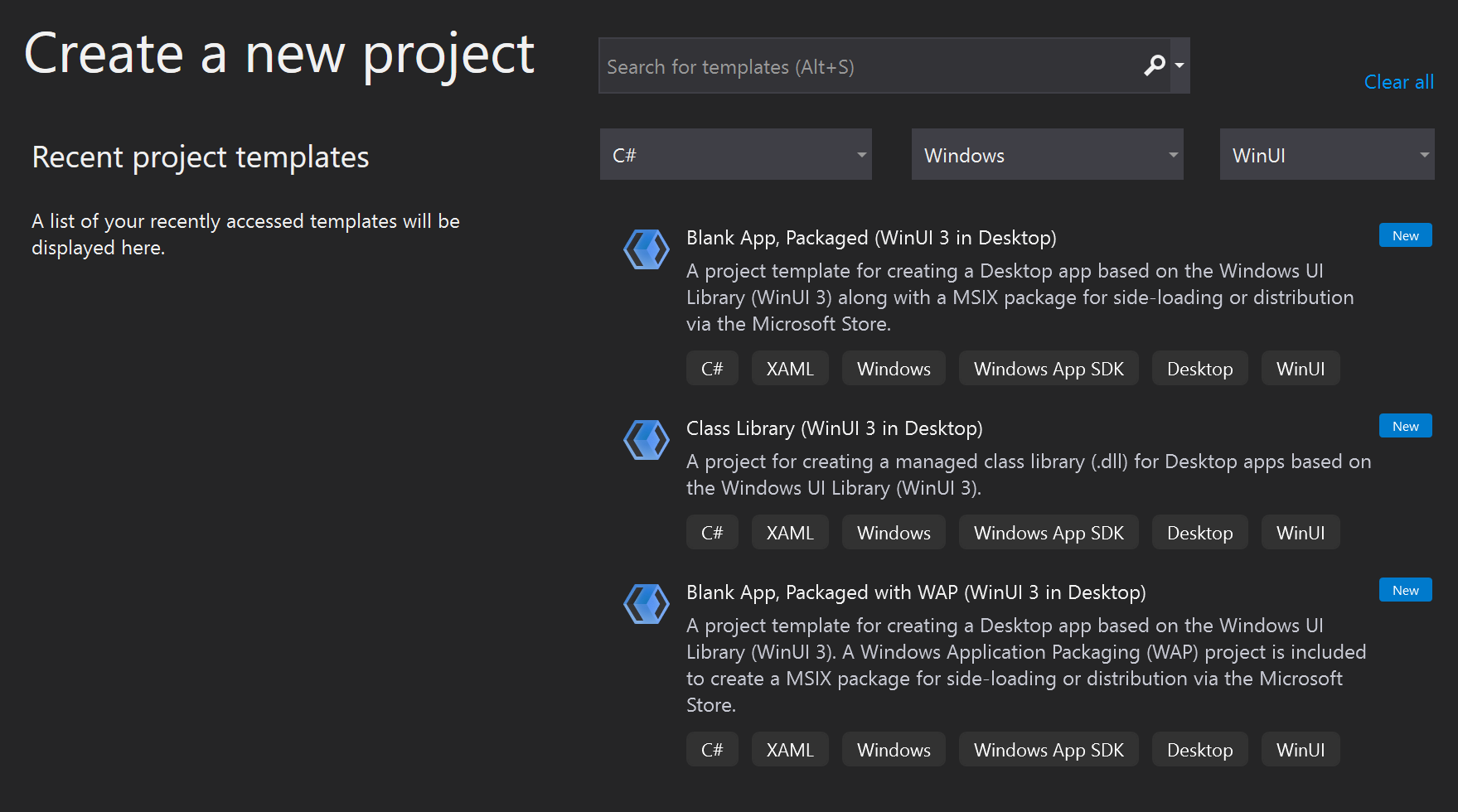 Visual Studio 내의 새 WinUI 프로젝트 창을 보여주는 스크린샷.