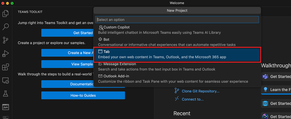 새 프로젝트, 탭을 차례로 선택하면 나타나는 Microsoft Teams Toolkit의 화면 캡처.