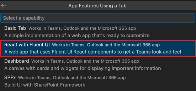 Tab 키를 사용하여 앱 기능을 선택한 다음 Fluent UI로 React를 선택하면 Microsoft Teams Toolkit의 화면이 캡처됩니다.